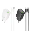 HOCO hálózati töltő USB A + Type C + kábel Type C to Type C PD QC3.0 3A 20W N61, fekete