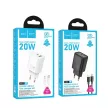 HOCO hálózati töltő USB A + Type C + kábel Type C to Type C PD QC3.0 3A 20W N61, fekete