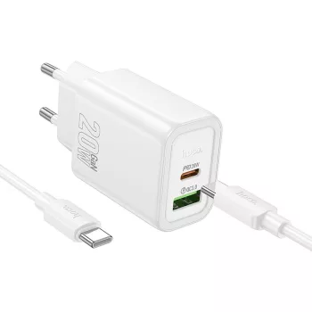   HOCO hálózati töltő USB A + Type C + kábel Type C to Type C PD QC3.0 3A 20W N61, fehér