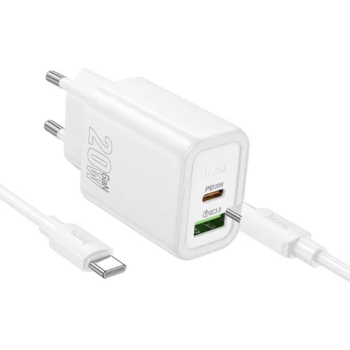 HOCO hálózati töltő USB A + Type C + kábel Type C to Type C PD QC3.0 3A 20W N61, fehér