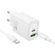 HOCO hálózati töltő USB A + Type C + kábel Type C to Type C PD QC3.0 3A 20W N61, fehér