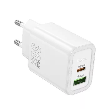   HOCO hálózati töltő USB A + Type C PD QC3.0 3A 30W N63, fehér