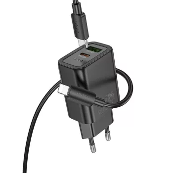   HOCO hálózati töltő USB A + Type C + kábel Type C to Lightning PD QC3.0 3A 30W N63, fekete
