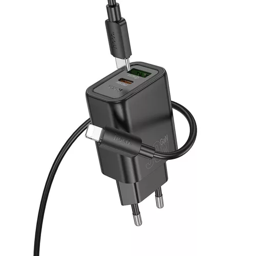 HOCO hálózati töltő USB A + Type C + kábel Type C to Lightning PD QC3.0 3A 30W N63, fekete