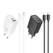 HOCO hálózati töltő USB A + Type C + kábel Type C to Lightning PD QC3.0 3A 30W N63, fekete