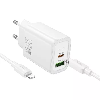   HOCO hálózati töltő USB A + Type C + kábel Type C to Lightning PD QC3.0 3A 30W N63, fehér