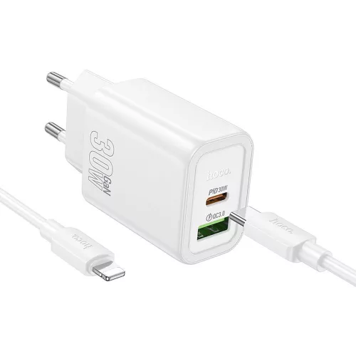 HOCO hálózati töltő USB A + Type C + kábel Type C to Lightning PD QC3.0 3A 30W N63, fehér