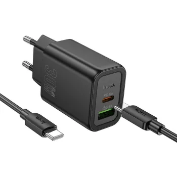   HOCO hálózati töltő USB A + Type C + kábel Type C to Type C PD QC3.0 3A 30W N63, fekete