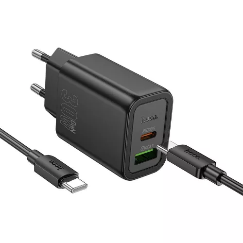 HOCO hálózati töltő USB A + Type C + kábel Type C to Type C PD QC3.0 3A 30W N63, fekete