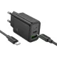HOCO hálózati töltő USB A + Type C + kábel Type C to Type C PD QC3.0 3A 30W N63, fekete