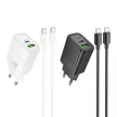 HOCO hálózati töltő USB A + Type C + kábel Type C to Type C PD QC3.0 3A 30W N63, fekete