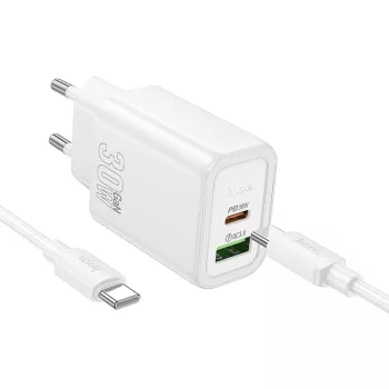   HOCO hálózati töltő USB A + Type C + kábel Type C to Type C PD QC3.0 3A 30W N63, fehér