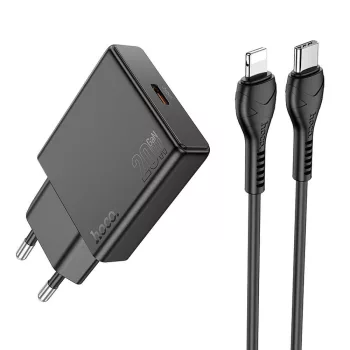   HOCO slim hálózati töltő Type C + kábel Type C to Lightning PD QC 30W N37, fekete