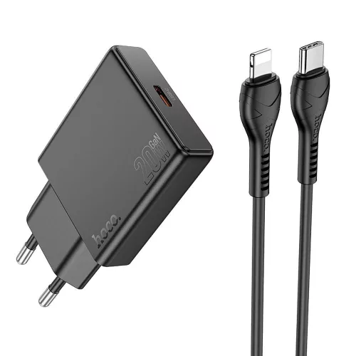 HOCO slim hálózati töltő Type C + kábel Type C to Lightning PD QC 30W N37, fekete