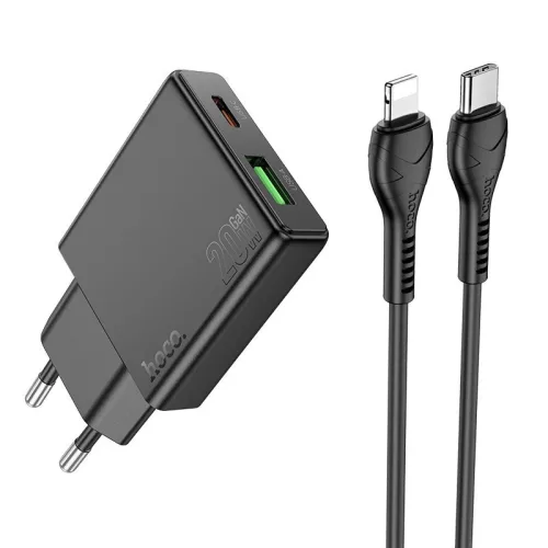 HOCO slim hálózati töltő USB A + Type C with Type C to Lightning kábel PD QC3.0 3A 20W N38, fekete