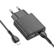 HOCO slim hálózati töltő USB A + Type C with Type C to Lightning kábel PD QC3.0 3A 20W N38, fekete