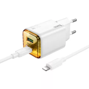   HOCO hálózati töltő USB A + Type C + kábel Type C to Lightning PD QC3.0 3A 20W N52, fehér