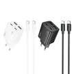 HOCO hálózati töltő USB A + Type C + kábel Type C to Type C PD QC3.0 3A 20W N52, fehér