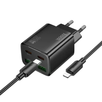   HOCO hálózati töltő 2 x Type C + 2 x USB A + kábel Type C to Lightning PD QC3.0 3A 20W N55, fekete