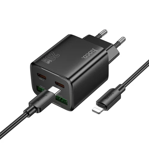 HOCO hálózati töltő 2 x Type C + 2 x USB A + kábel Type C to Lightning PD QC3.0 3A 20W N55, fekete