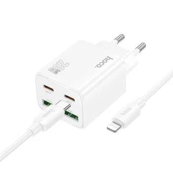   HOCO hálózati töltő 2 x Type C + 2 x USB A + kábel Type C to Lightning PD QC3.0 3A 20W N55, fehér
