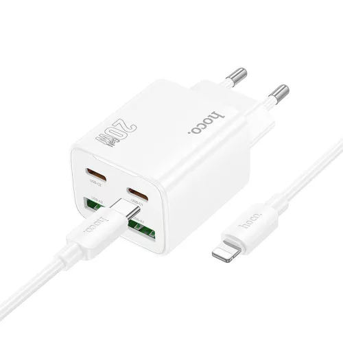 HOCO hálózati töltő 2 x Type C + 2 x USB A + kábel Type C to Lightning PD QC3.0 3A 20W N55, fehér