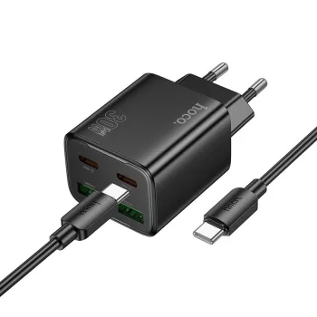   HOCO hálózati töltő 2 x Type C + 2 x USB A + kábel Type C to Type C PD QC3.0 3A 30W N56, fekete