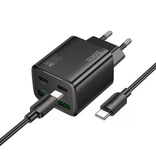 HOCO hálózati töltő 2 x Type C + 2 x USB A + kábel Type C to Type C PD QC3.0 3A 30W N56, fekete