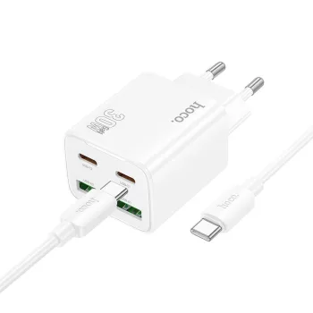   HOCO hálózati töltő 2 x Type C + 2 x USB A + kábel Type C to Type C PD QC3.0 3A 30W N56, fehér