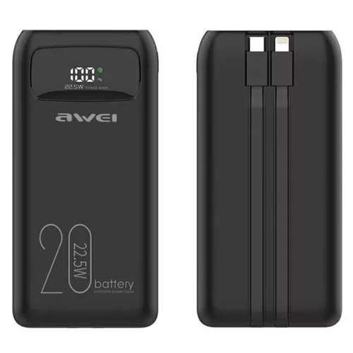 AWEI PowerBank P169K 20000mAh 22.5W, kijelző + PD/Lightning kábelek, fekete