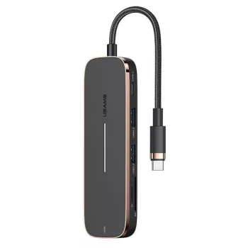   USAMS Adapter HUB 2xUSB + USB-C + HDMI + Micro SD+SD, USB-HUB, fekete