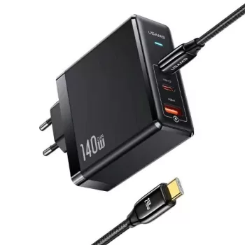   USAMS T52 PD140W Fast Charging US-CC168 + kabel U82 USB-C/USB-C US-SJ581 240W, UM Series UMXLOGTC01, hálózati töltő, fekete