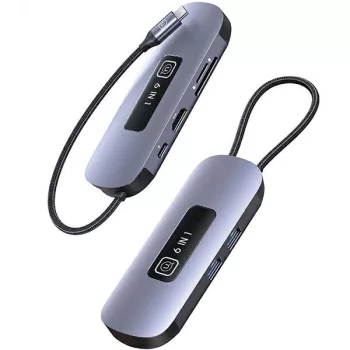  USAMS Adapter HUB 6w1 2xUSB 3.0/TF/SD/ USB-C/HDMI PD100W, USB-HUB, szürke