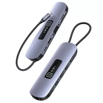   USAMS Adapter HUB 10w1 3xUSB 3.0/TF/SD/ USB-C/HDMI/RJ45/VGA PD100W, USB-HUB, szürke