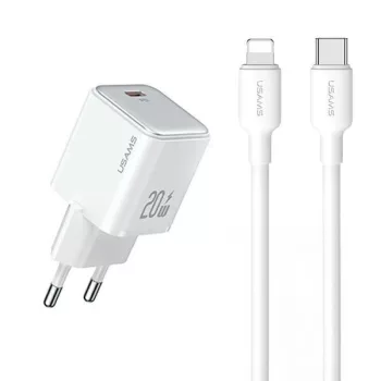   USAMS 1xUSB-C PD20W, PD3.0 Fast Charging US-CC183 + kabel USB-C/Lightning US-SJ610 YX Series YXXLOGTC03, hálózati töltő, fehér