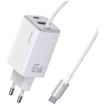   USAMS hálózati töltő JC Series CC266 65W GaN hálózati gyorstöltő 2xUSB-C 1xUSB-A, fehér