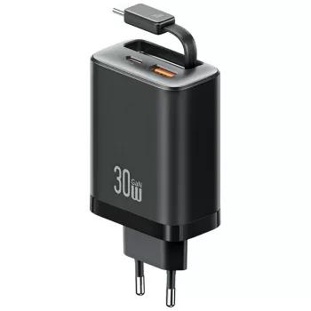   USAMS hálózati töltő Xiang Series CC296 30W 1xUSB-C 1xUSB-A + USB-C kábel, fekete