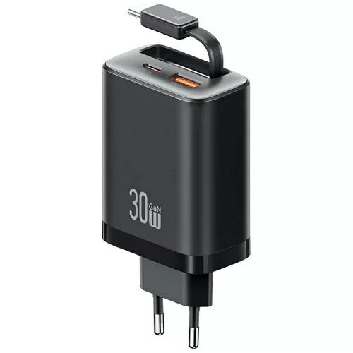 USAMS hálózati töltő Xiang Series CC296 30W 1xUSB-C 1xUSB-A + USB-C kábel, fekete
