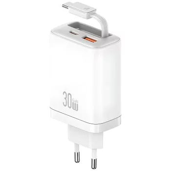   USAMS hálózati töltő Xiang Series CC296 30W 1xUSB-C 1xUSB-A + USB-C kábel, fehér