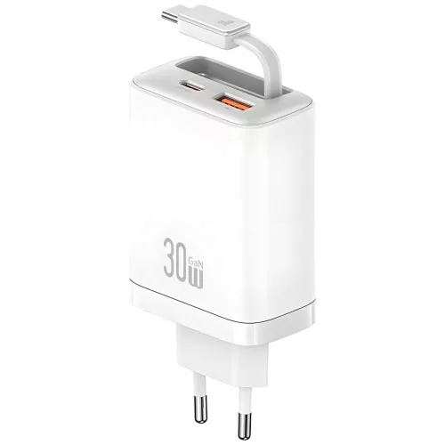 USAMS hálózati töltő Xiang Series CC296 30W 1xUSB-C 1xUSB-A + USB-C kábel, fehér