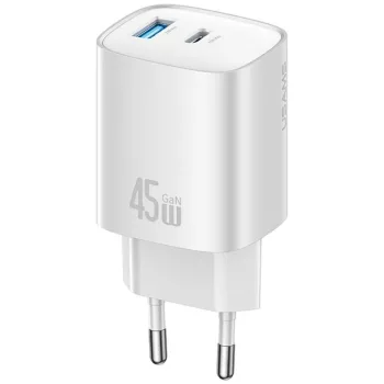   USAMS hálózati töltő CC290 T66 45W GaN 1xUSB-A 1xUSB-C , ezüst