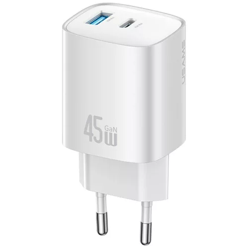 USAMS hálózati töltő CC290 T66 45W GaN 1xUSB-A 1xUSB-C , ezüst