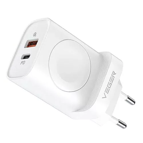 VEGER hálózati töltő USB + USB-C + vezeték nélküli töltő kompatibilis Apple Watch PD QC3.0 3A 25W W002E, fehér