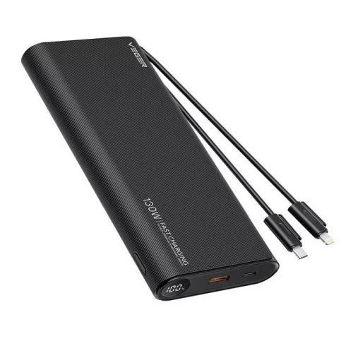 VEGER powerbank 25 000 mAh beépített kábellel Type C / Lightning PD 130W TCE130 (W2503), fekete