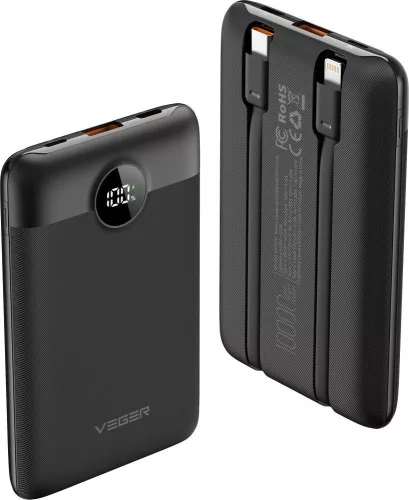 VEGER powerbank 10 000 mAh beépített kábelekkel USB-C/Lightning PD QC3.0 2A 22,5W C11 (W1170), fekete