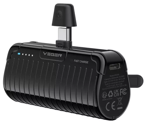 VEGER powerbank 5 000 mAh beépített csatlakozókkal Type C PlugOn PD QC3.0 3A 20W W0558, fekete