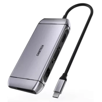   Choetech 9in1 multifunctional USB Type C HUB 3x USB 3.2 Gen 1 / SD and TF memory card reader / HDMI 4K 30Hz / VGA Full HD 60Hz / USB Type C / RJ45 szürke (HUB-M15 szürke), USB-HUB