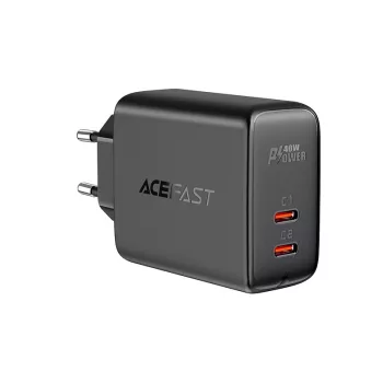   Acefast hálózati gyorstöltő 2x USB Type C 40W, PPS, PD, QC 3.0, AFC, FCP, fekete (A9, fekete)