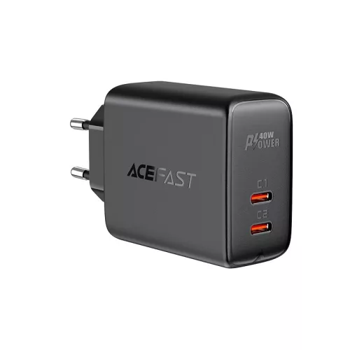 Acefast hálózati gyorstöltő 2x USB Type C 40W, PPS, PD, QC 3.0, AFC, FCP, fekete (A9, fekete)