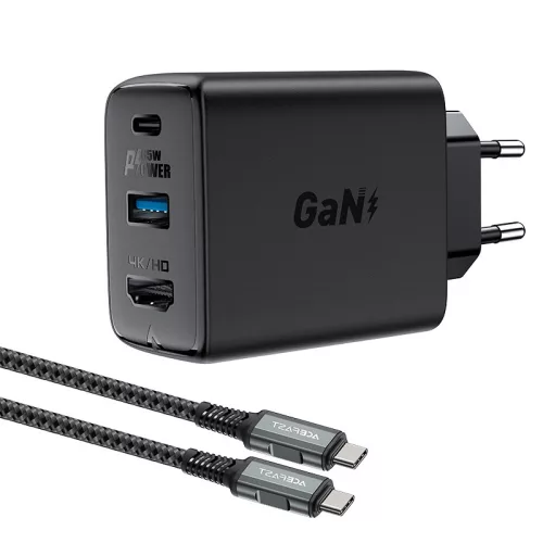 Acefast 2in1 charger GaN 65W USB Type C / USB, adapter HDMI adapter 4K 60Hz (set with kábel), fekete